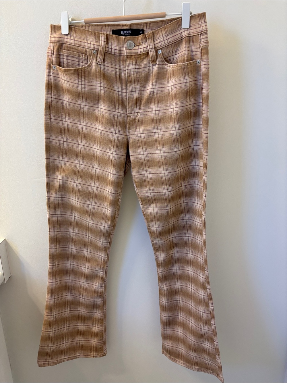HUDSON Plaid Flare Jeans in Tan and Cream, Sz 28.